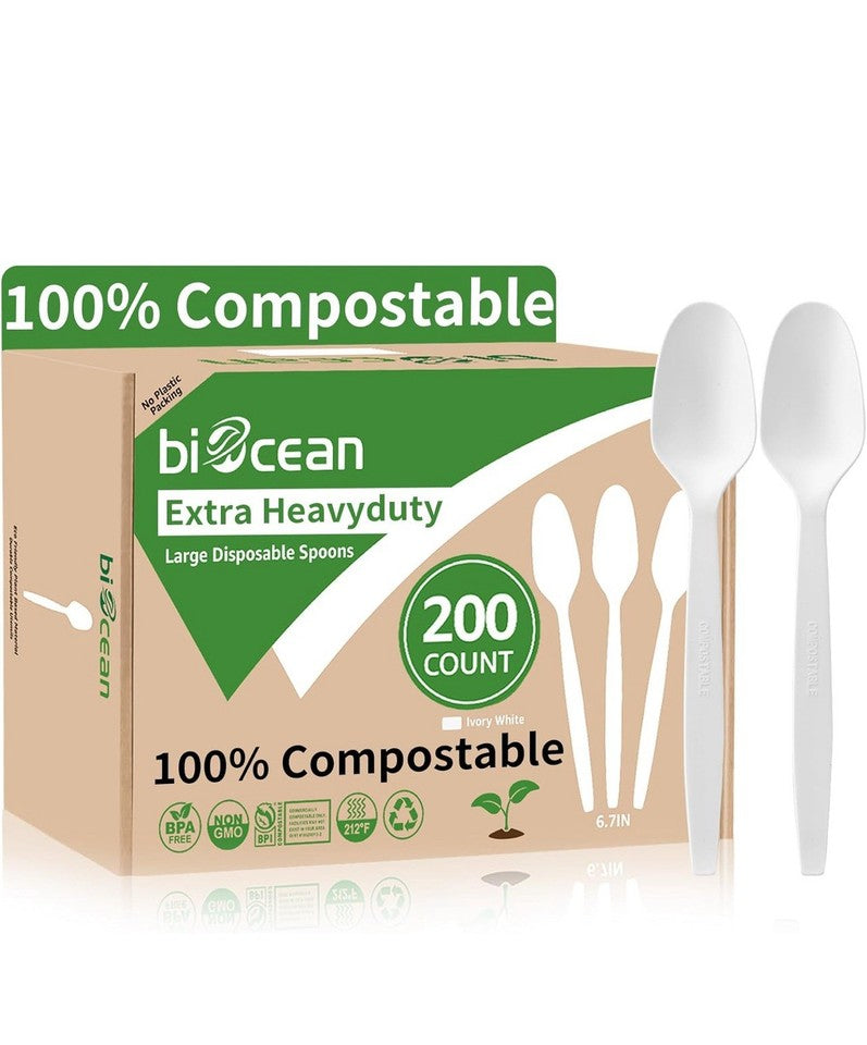 200 Compostable Spoons 6.7" – Extra Heavy Duty Biodegradable Disposable Cutlery