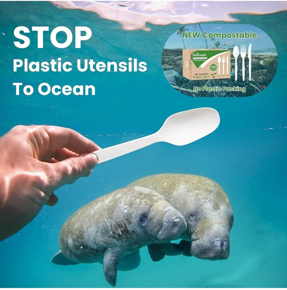 200 Compostable Spoons 6.7" – Extra Heavy Duty Biodegradable Disposable Cutlery