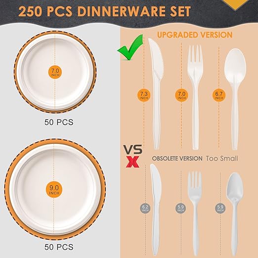 250 PCS Compostable Dinnerware Set – 100% Sugarcane Fiber Plates & Cornstarch Cutlery