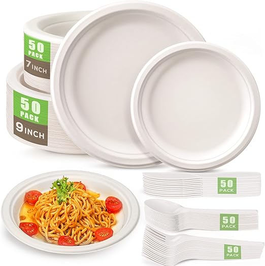 250 PCS Compostable Dinnerware Set – 100% Sugarcane Fiber Plates & Cornstarch Cutlery