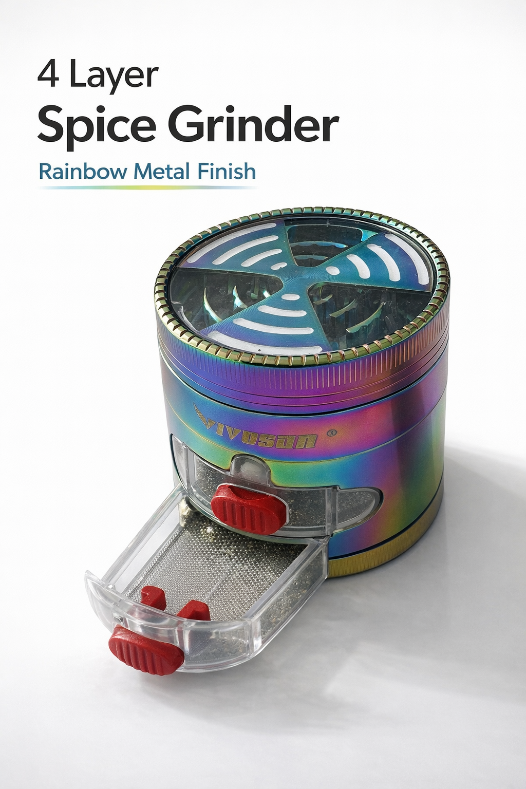 4 Layer Manual Spice Grinder Rainbow Metal Kitchen Herb Crusher w/ Mesh Screen Drawer