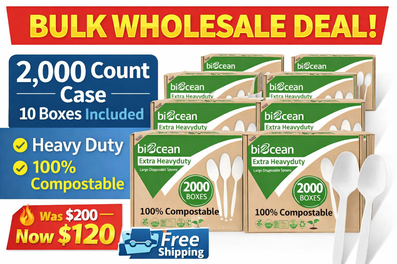Wholesale Compostable Spoons – 10 Boxes / 2,000 Count – Heavy Duty – Free Shipping