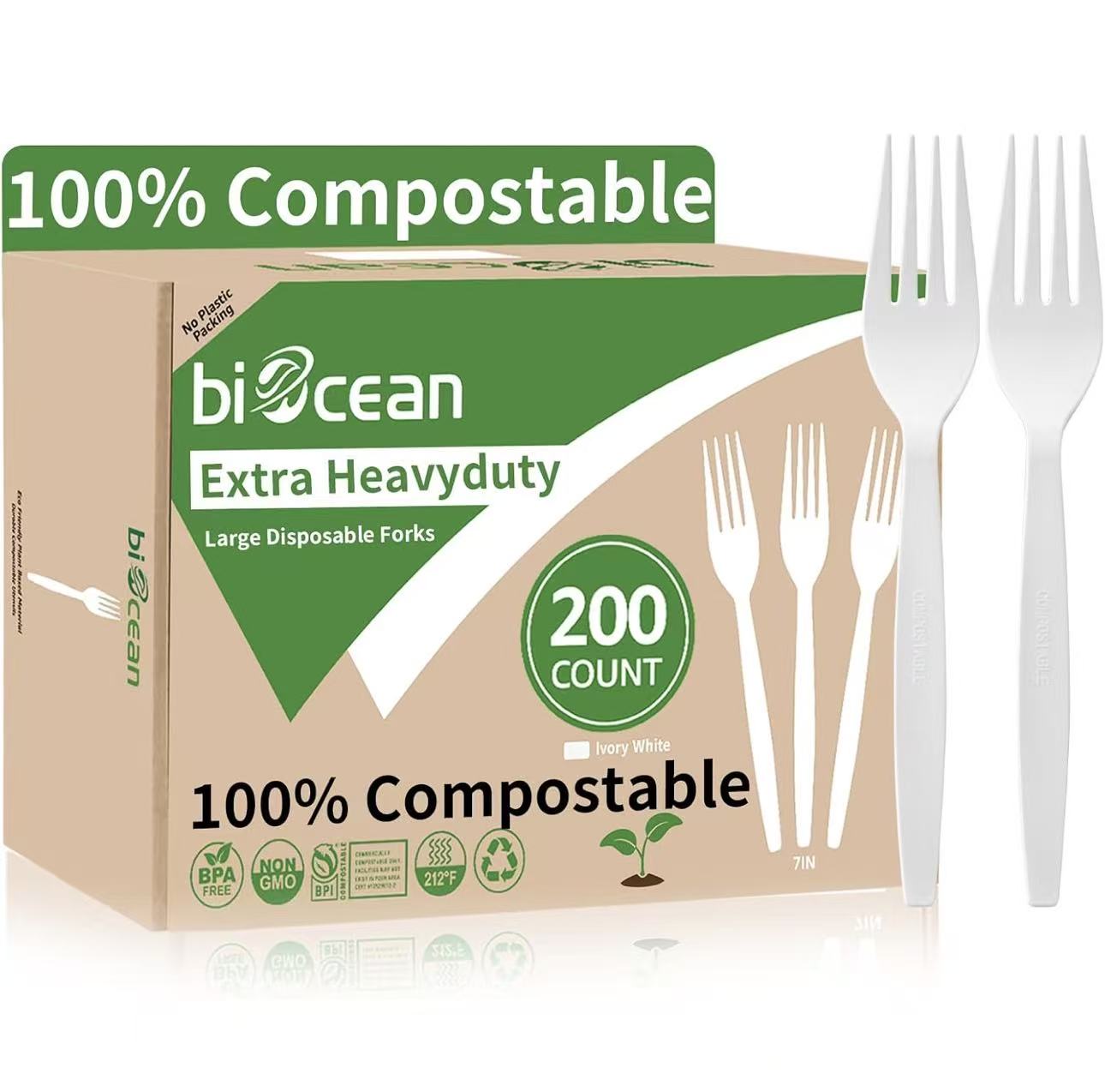 200 Compostable Forks 6.7" – Extra Heavy Duty Biodegradable Disposable Cutlery