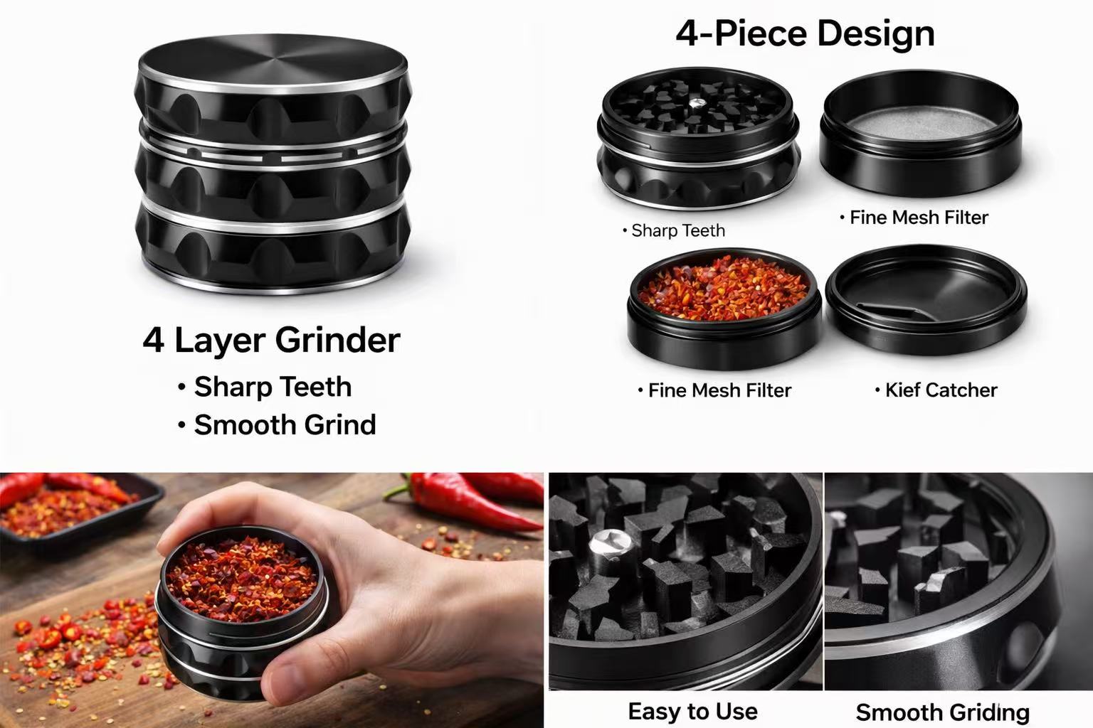 4-Piece Aluminum Herb & Spice Grinder 2.5" – Large Capacity Metal Kitchen Crusher