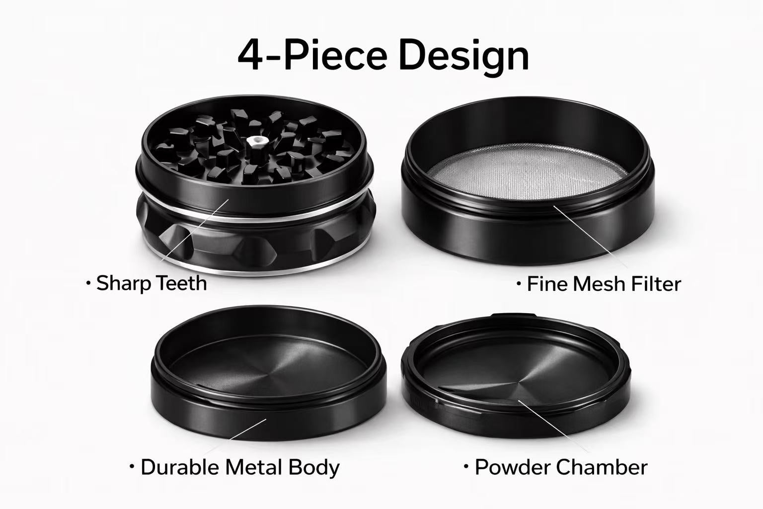 4-Piece Spice Grinder Manual Kitchen Seasoning Crusher – Metal Herb Mill, Black