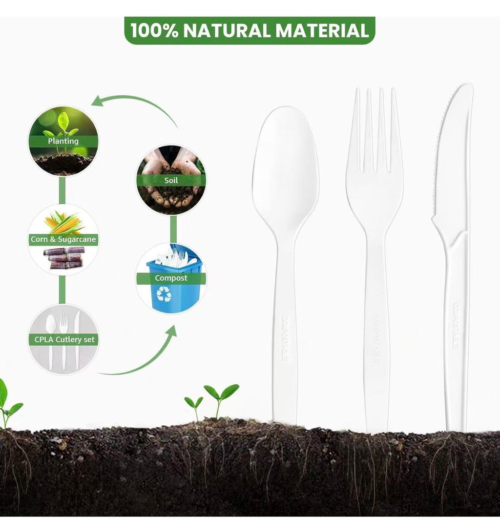 100% Compostable Cutlery Set – Heavy Duty Forks, Knives & Spoons (150 Count)