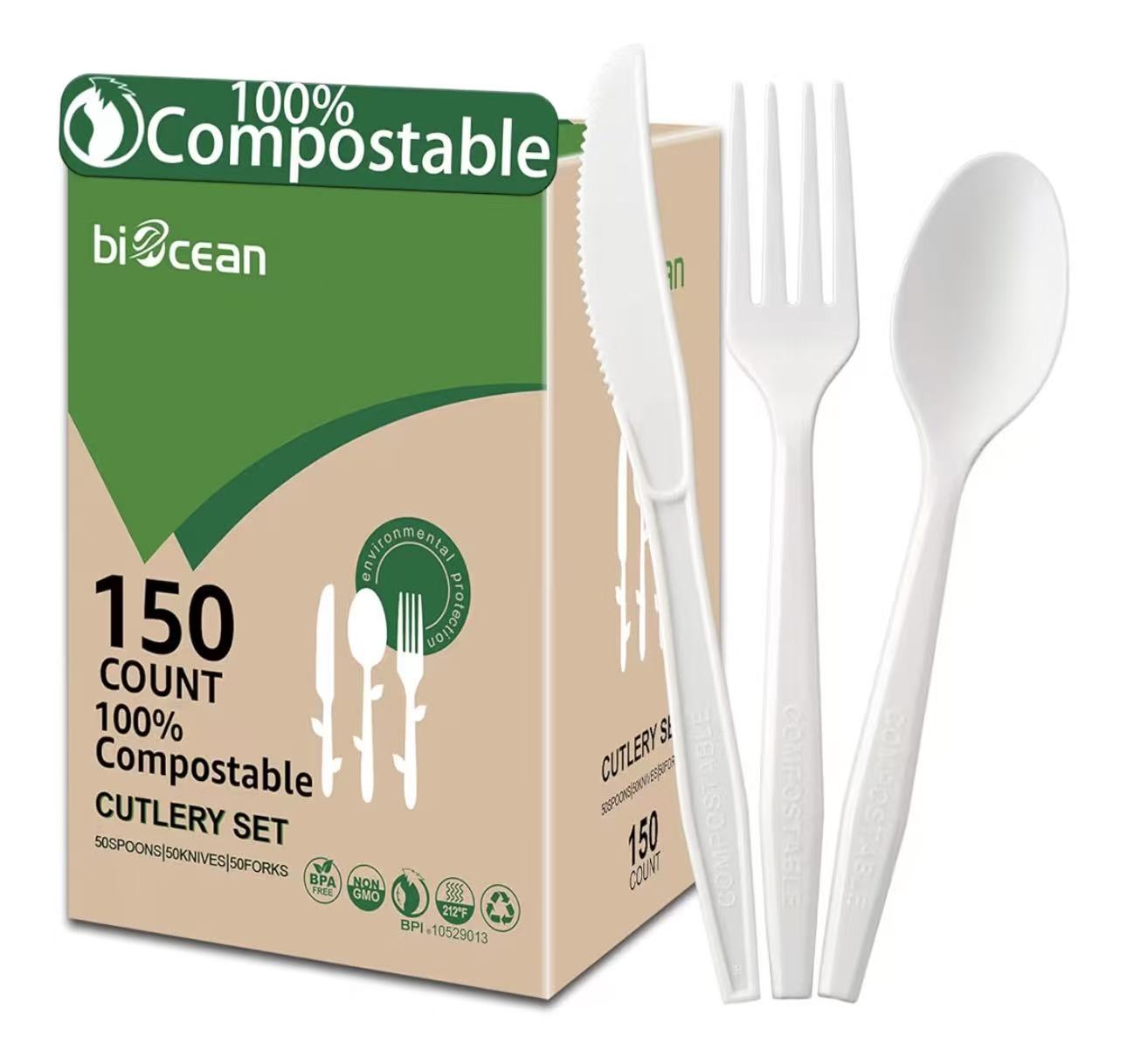 100% Compostable Cutlery Set – Heavy Duty Forks, Knives & Spoons (150 Count)