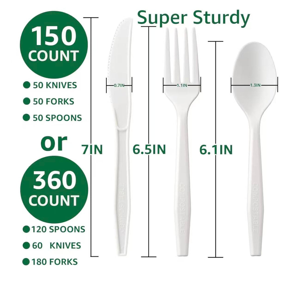 100% Compostable Cutlery Set – Heavy Duty Forks, Knives & Spoons (150 Count)