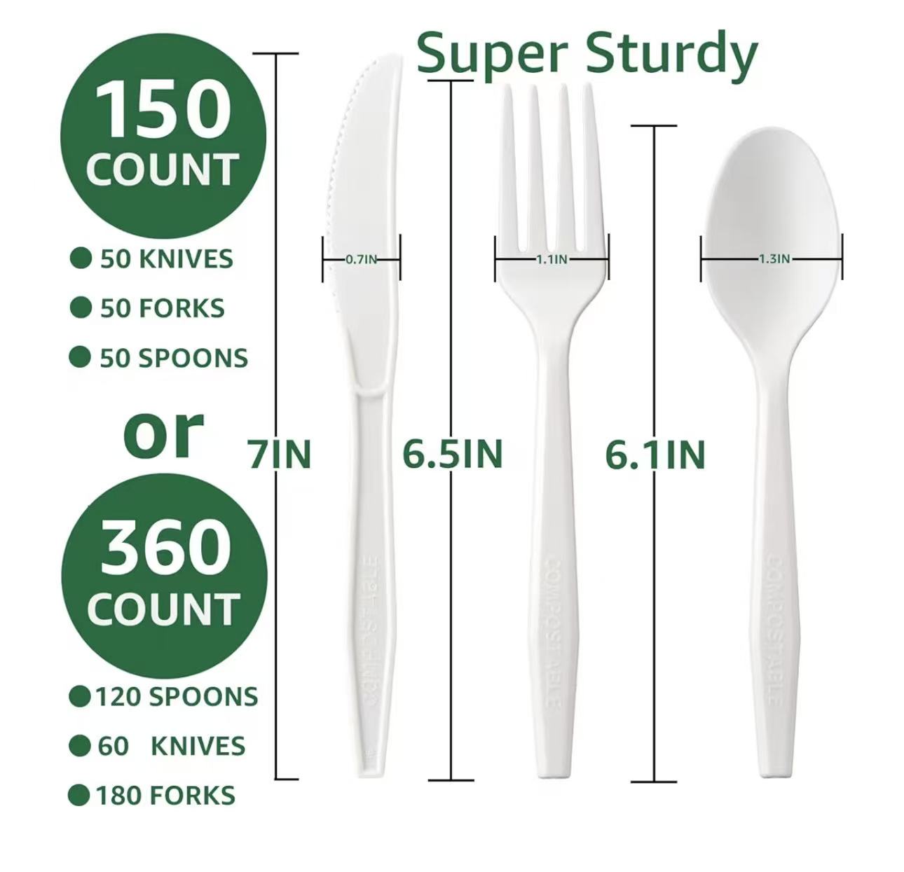 100% Compostable Cutlery Set – Heavy Duty Forks, Knives & Spoons (150 Count)
