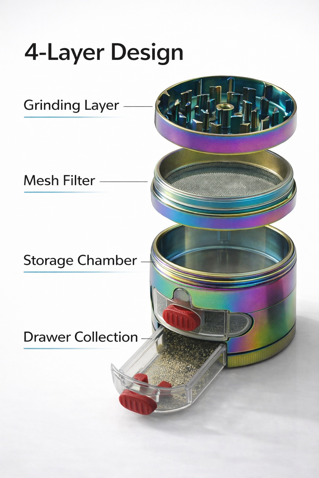 4 Layer Manual Spice Grinder Rainbow Metal Kitchen Herb Crusher w/ Mesh Screen Drawer