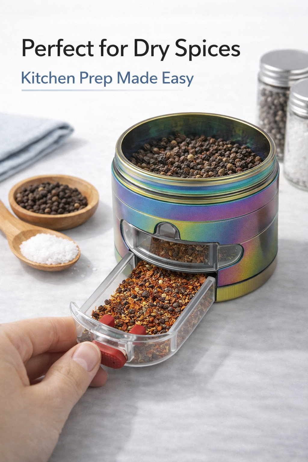 4 Layer Manual Spice Grinder Rainbow Metal Kitchen Herb Crusher w/ Mesh Screen Drawer